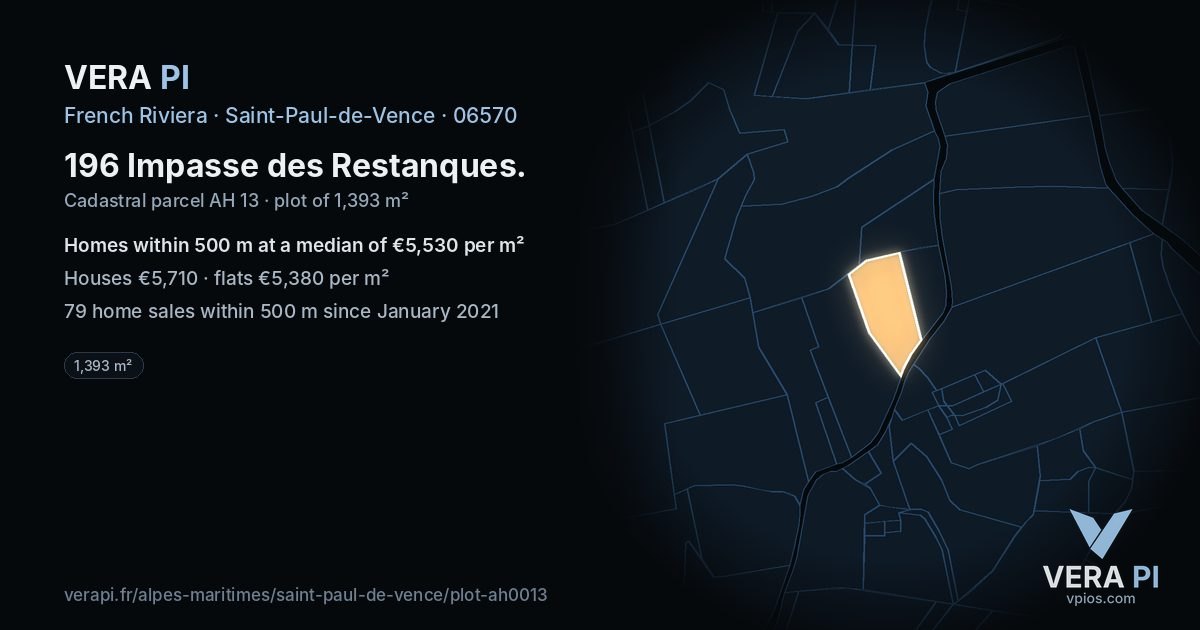 196 Impasse des Restanques, Saint-Paul-de-Vence at night – the plot lit, the parcels around coloured by the prices near them