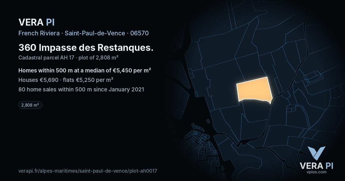 360 Impasse des Restanques, Saint-Paul-de-Vence at night – the plot lit, the parcels around coloured by the prices near them