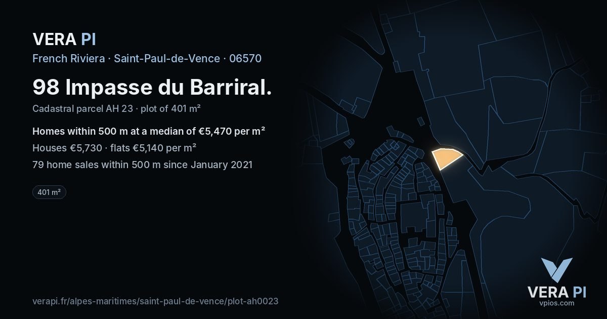 98 Impasse du Barriral, Saint-Paul-de-Vence at night – the plot lit, the parcels around coloured by the prices near them