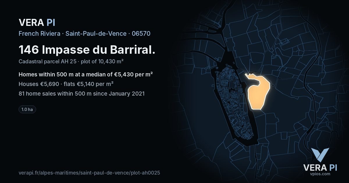 146 Impasse du Barriral, Saint-Paul-de-Vence at night – the plot lit, the parcels around coloured by the prices near them