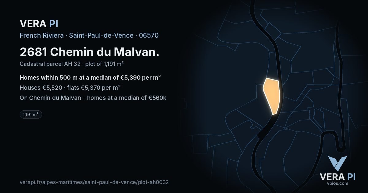 2681 Chemin du Malvan, Saint-Paul-de-Vence at night – the plot lit, the parcels around coloured by the prices near them
