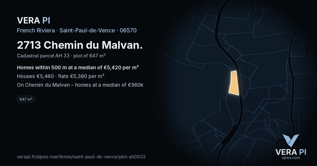 2713 Chemin du Malvan, Saint-Paul-de-Vence at night – the plot lit, the parcels around coloured by the prices near them
