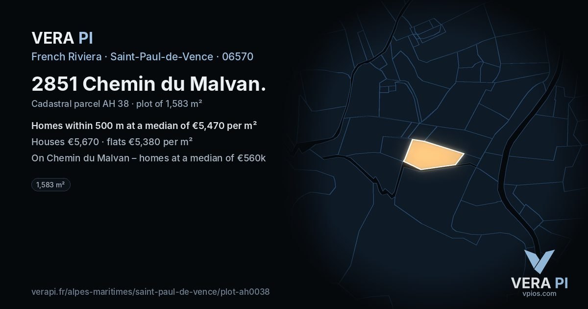 2851 Chemin du Malvan, Saint-Paul-de-Vence at night – the plot lit, the parcels around coloured by the prices near them