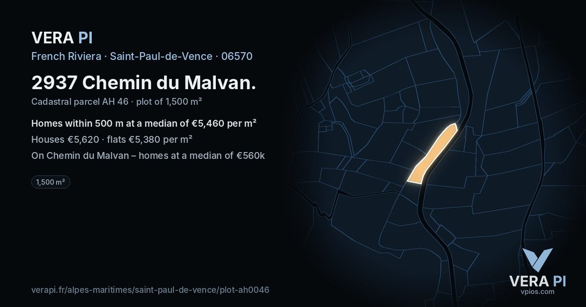2937 Chemin du Malvan, Saint-Paul-de-Vence at night – the plot lit, the parcels around coloured by the prices near them