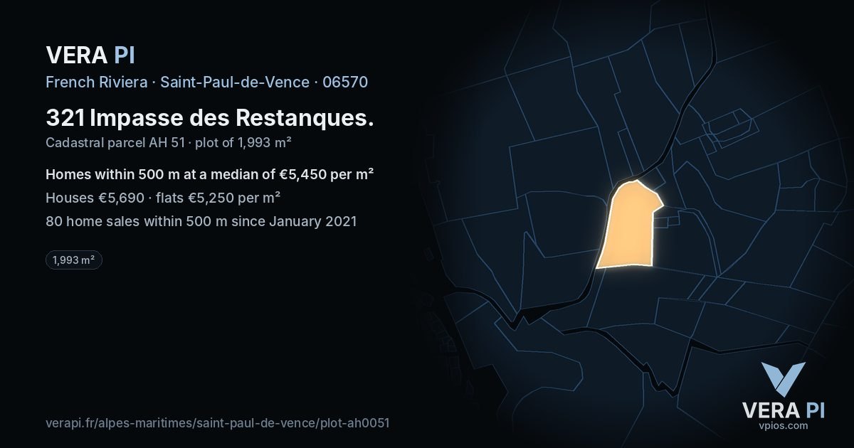 321 Impasse des Restanques, Saint-Paul-de-Vence at night – the plot lit, the parcels around coloured by the prices near them