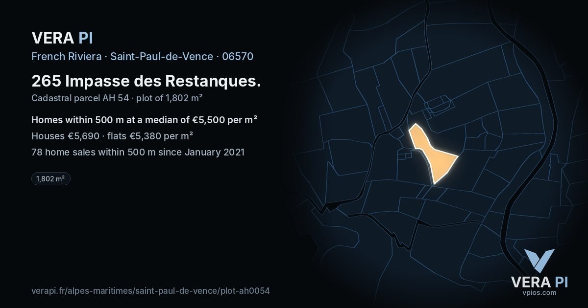 265 Impasse des Restanques, Saint-Paul-de-Vence at night – the plot lit, the parcels around coloured by the prices near them