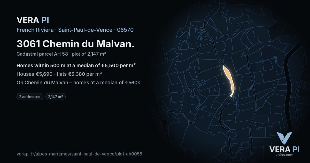 3061 Chemin du Malvan, Saint-Paul-de-Vence at night – the plot lit, the parcels around coloured by the prices near them