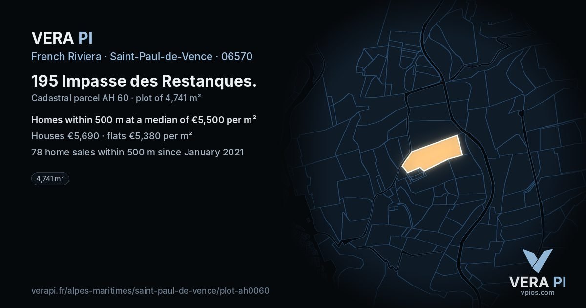 195 Impasse des Restanques, Saint-Paul-de-Vence at night – the plot lit, the parcels around coloured by the prices near them