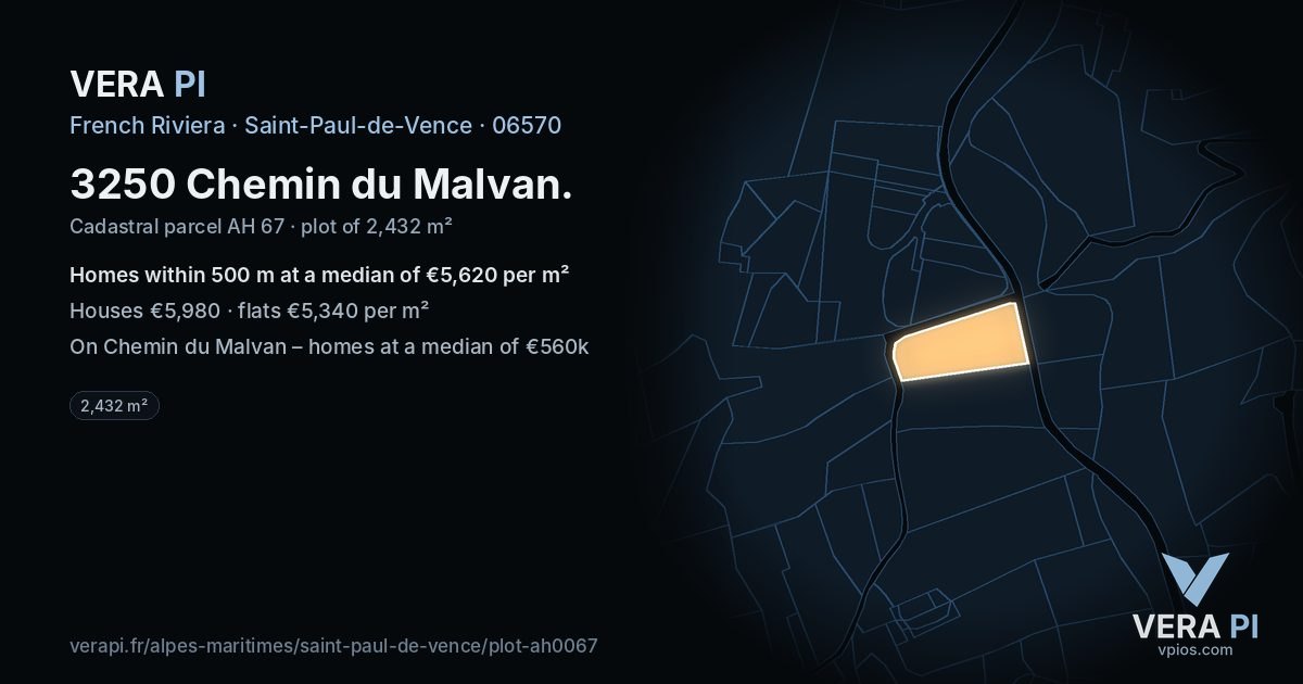 3250 Chemin du Malvan, Saint-Paul-de-Vence at night – the plot lit, the parcels around coloured by the prices near them