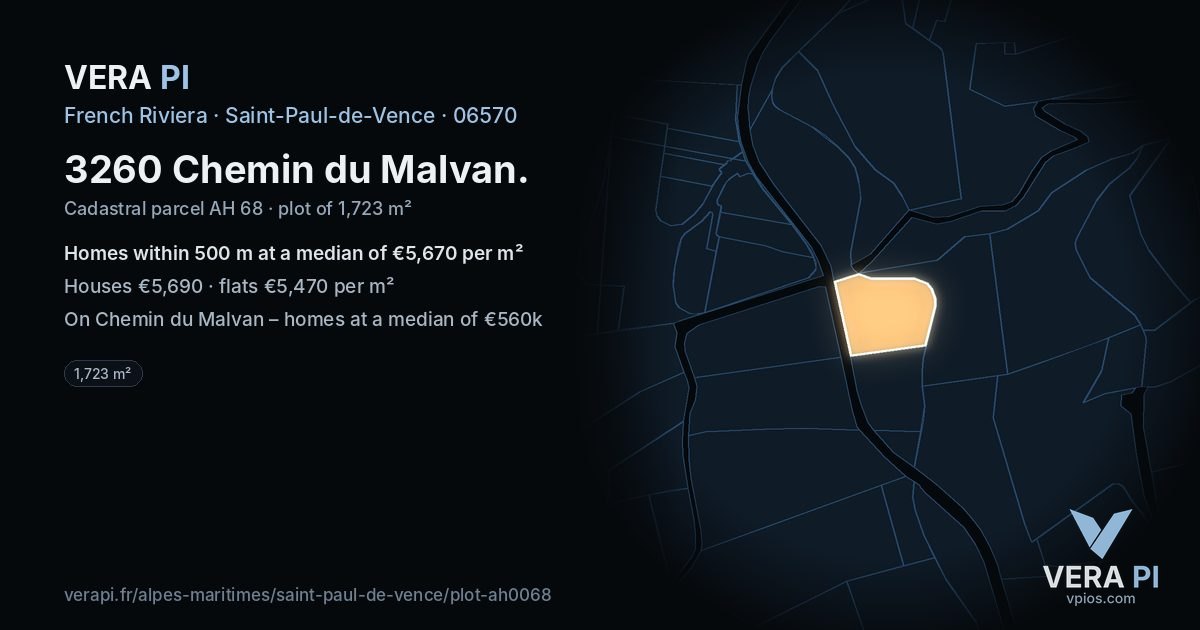 3260 Chemin du Malvan, Saint-Paul-de-Vence at night – the plot lit, the parcels around coloured by the prices near them