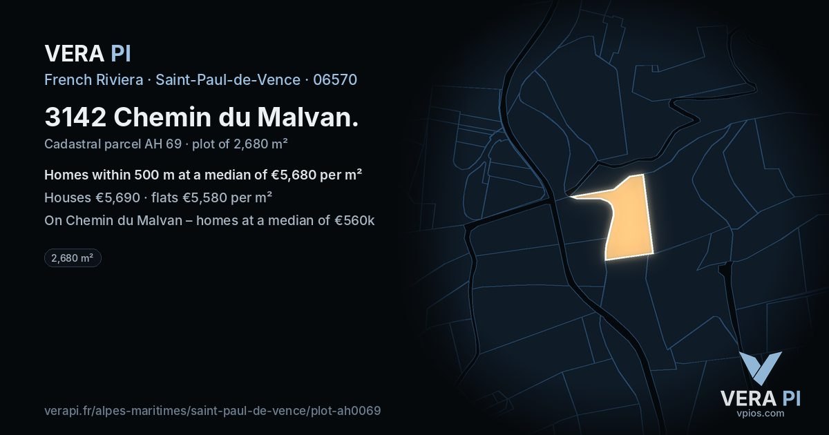 3142 Chemin du Malvan, Saint-Paul-de-Vence at night – the plot lit, the parcels around coloured by the prices near them