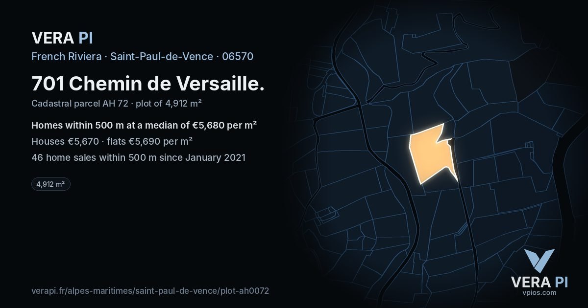 701 Chemin de Versaille, Saint-Paul-de-Vence at night – the plot lit, the parcels around coloured by the prices near them