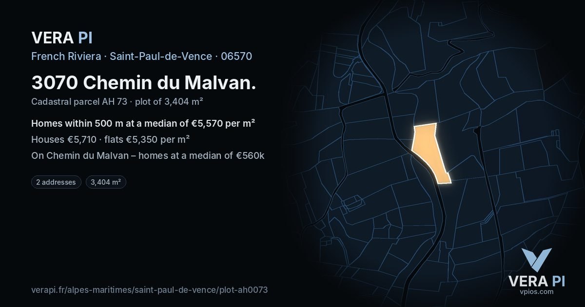 3070 Chemin du Malvan, Saint-Paul-de-Vence at night – the plot lit, the parcels around coloured by the prices near them