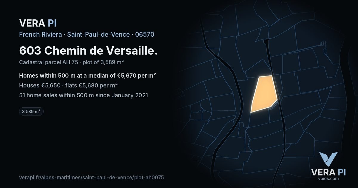 603 Chemin de Versaille, Saint-Paul-de-Vence at night – the plot lit, the parcels around coloured by the prices near them