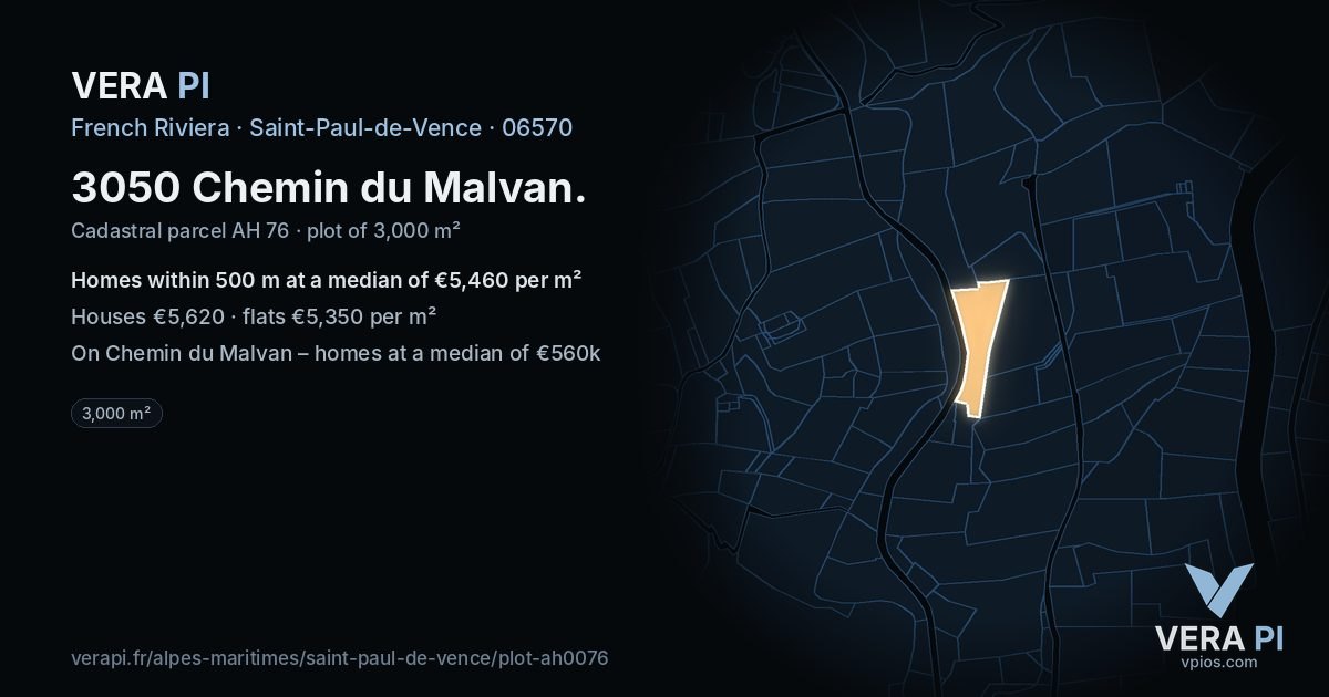 3050 Chemin du Malvan, Saint-Paul-de-Vence at night – the plot lit, the parcels around coloured by the prices near them