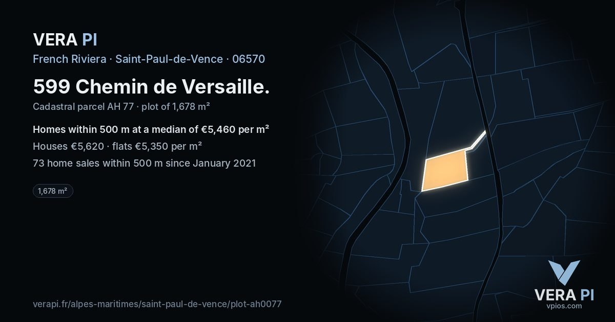 599 Chemin de Versaille, Saint-Paul-de-Vence at night – the plot lit, the parcels around coloured by the prices near them