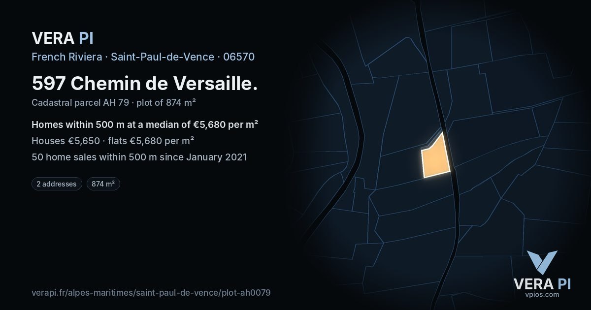 597 Chemin de Versaille, Saint-Paul-de-Vence at night – the plot lit, the parcels around coloured by the prices near them