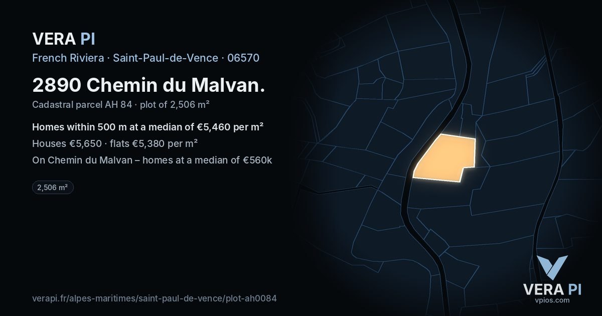 2890 Chemin du Malvan, Saint-Paul-de-Vence at night – the plot lit, the parcels around coloured by the prices near them