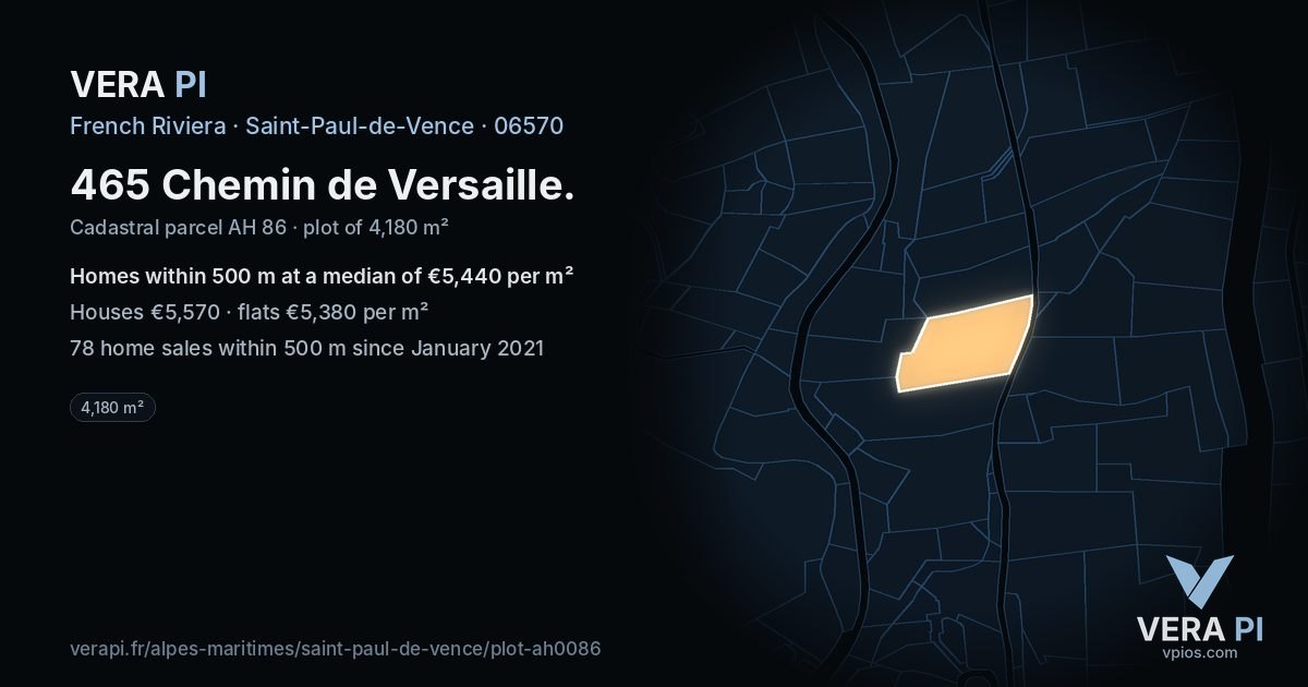 465 Chemin de Versaille, Saint-Paul-de-Vence at night – the plot lit, the parcels around coloured by the prices near them