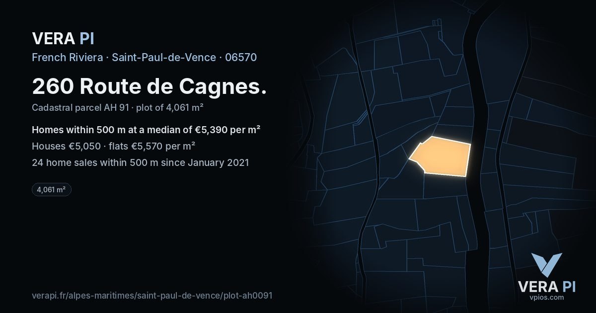 260 Route de Cagnes, Saint-Paul-de-Vence at night – the plot lit, the parcels around coloured by the prices near them