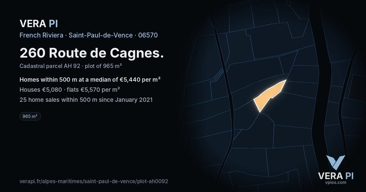 260 Route de Cagnes, Saint-Paul-de-Vence at night – the plot lit, the parcels around coloured by the prices near them