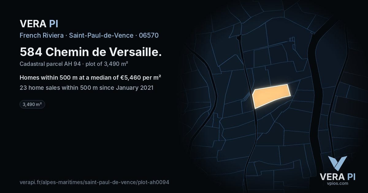 584 Chemin de Versaille, Saint-Paul-de-Vence at night – the plot lit, the parcels around coloured by the prices near them
