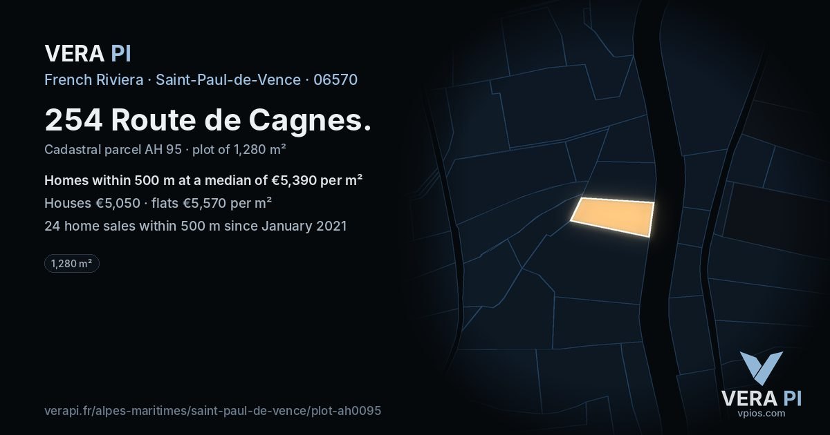 254 Route de Cagnes, Saint-Paul-de-Vence at night – the plot lit, the parcels around coloured by the prices near them