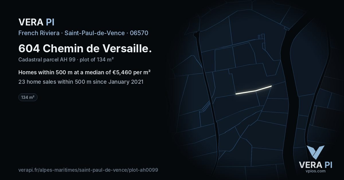 604 Chemin de Versaille, Saint-Paul-de-Vence at night – the plot lit, the parcels around coloured by the prices near them