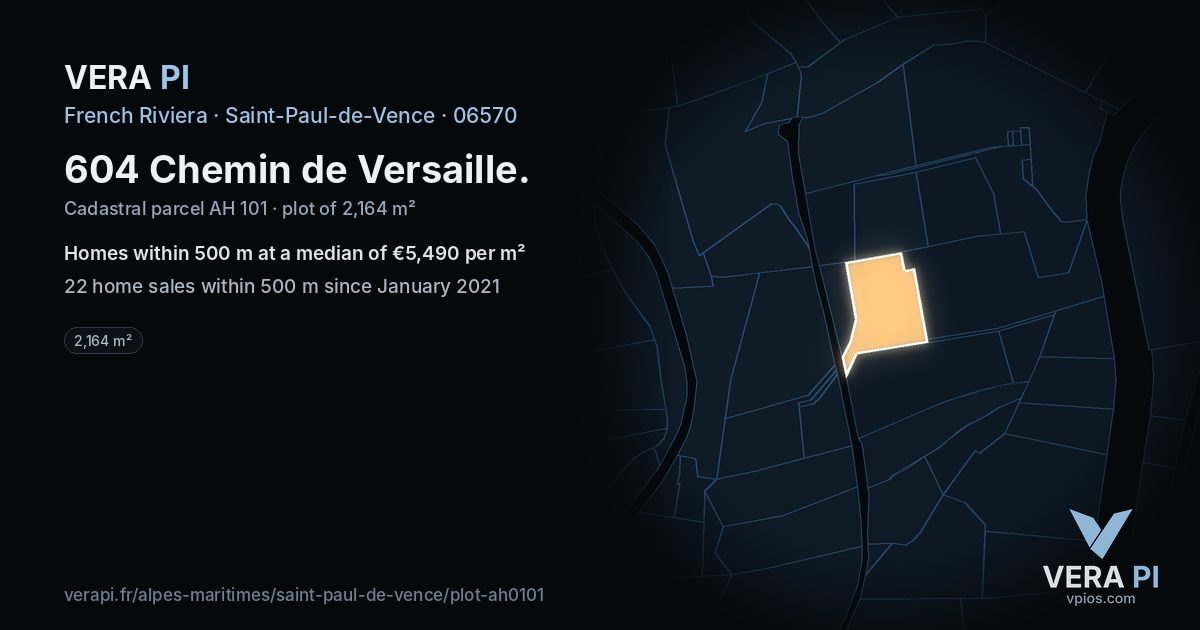 604 Chemin de Versaille, Saint-Paul-de-Vence at night – the plot lit, the parcels around coloured by the prices near them