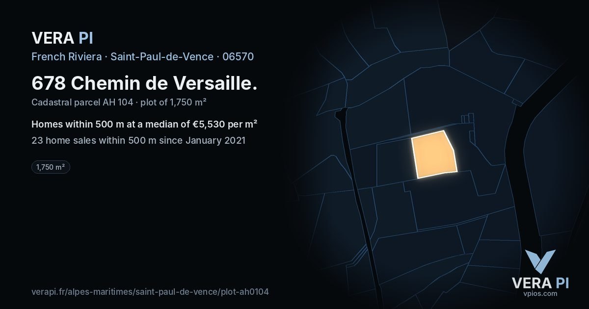 678 Chemin de Versaille, Saint-Paul-de-Vence at night – the plot lit, the parcels around coloured by the prices near them