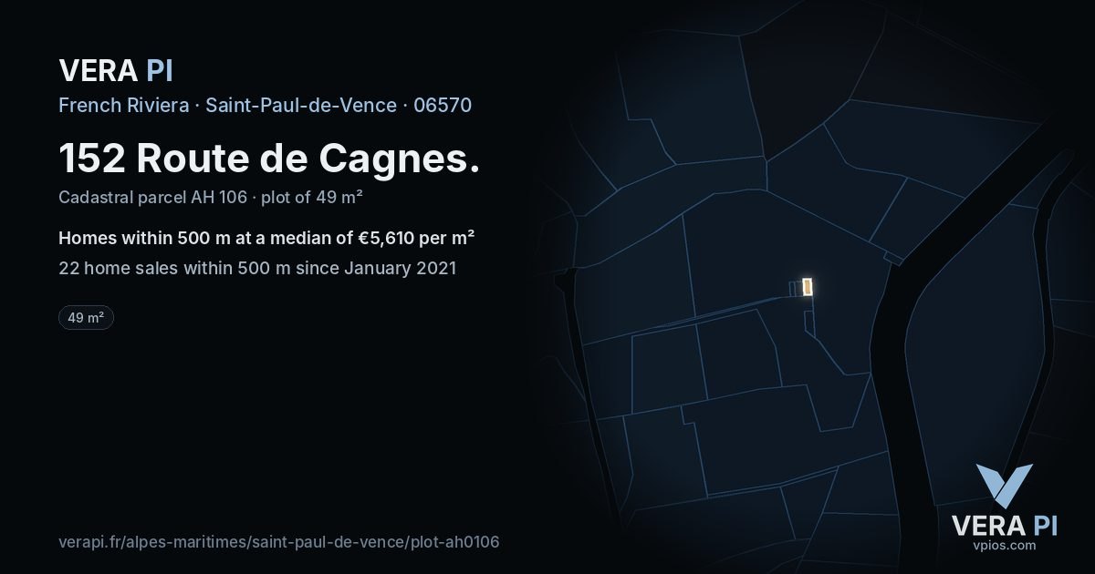 152 Route de Cagnes, Saint-Paul-de-Vence at night – the plot lit, the parcels around coloured by the prices near them