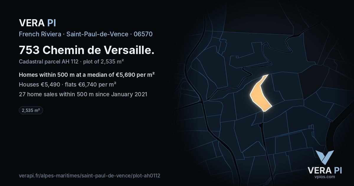 753 Chemin de Versaille, Saint-Paul-de-Vence at night – the plot lit, the parcels around coloured by the prices near them