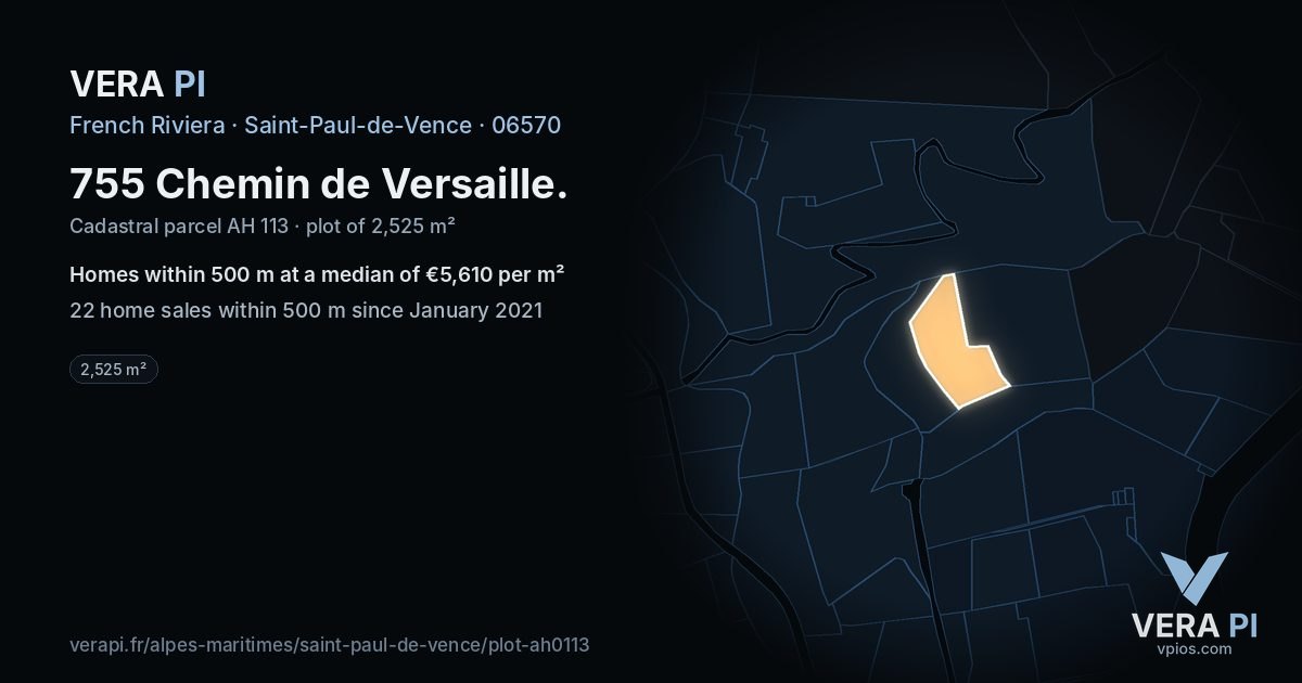 755 Chemin de Versaille, Saint-Paul-de-Vence at night – the plot lit, the parcels around coloured by the prices near them