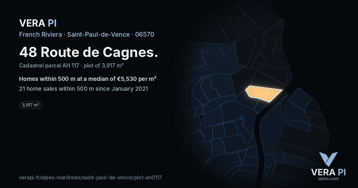 48 Route de Cagnes, Saint-Paul-de-Vence at night – the plot lit, the parcels around coloured by the prices near them