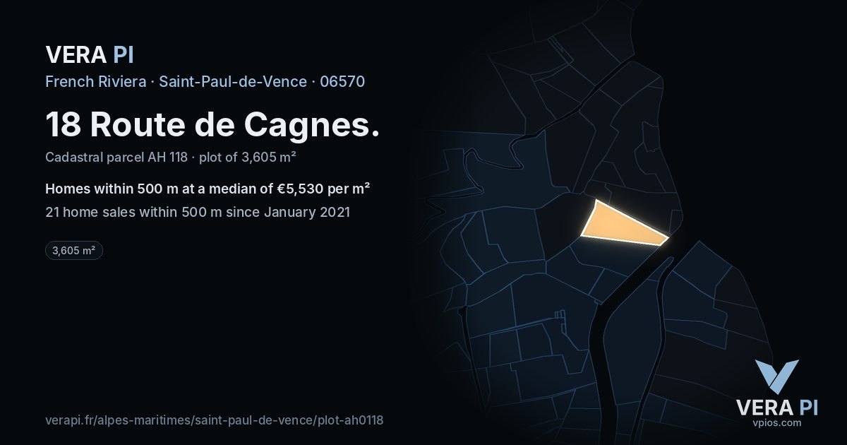 18 Route de Cagnes, Saint-Paul-de-Vence at night – the plot lit, the parcels around coloured by the prices near them