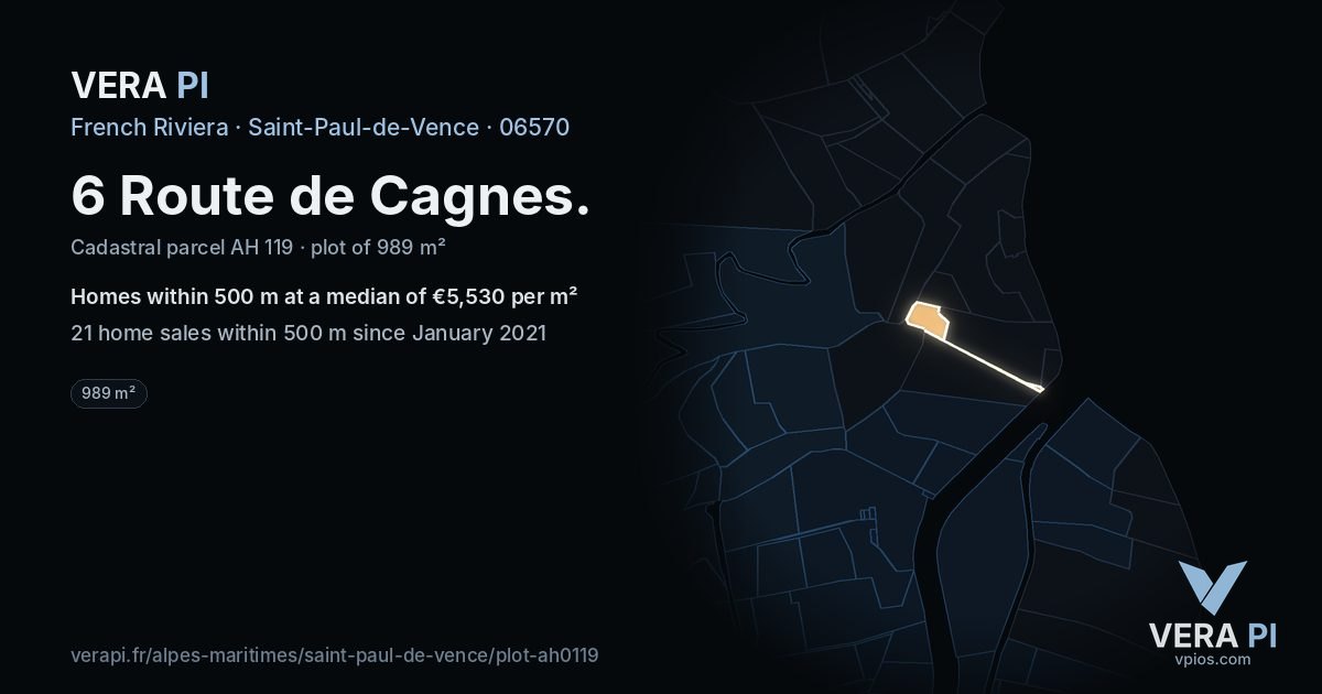 6 Route de Cagnes, Saint-Paul-de-Vence at night – the plot lit, the parcels around coloured by the prices near them