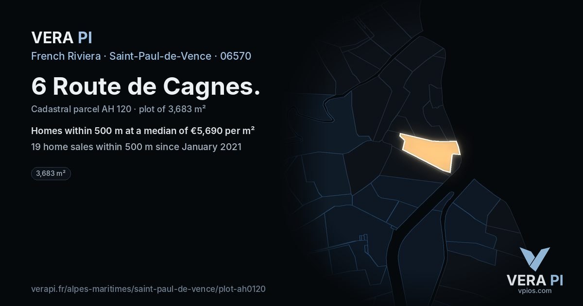 6 Route de Cagnes, Saint-Paul-de-Vence at night – the plot lit, the parcels around coloured by the prices near them