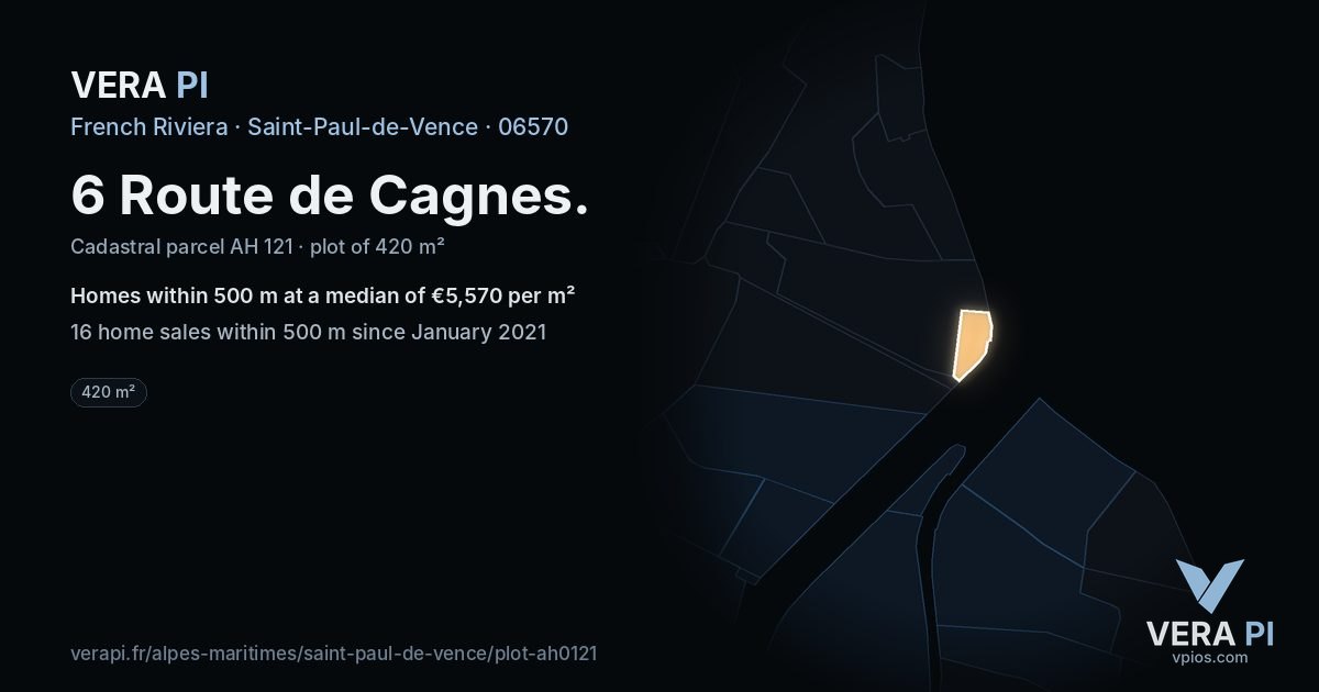 6 Route de Cagnes, Saint-Paul-de-Vence at night – the plot lit, the parcels around coloured by the prices near them