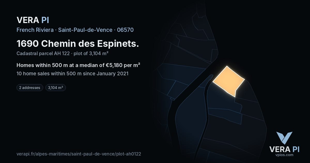1690 Chemin des Espinets, Saint-Paul-de-Vence at night – the plot lit, the parcels around coloured by the prices near them