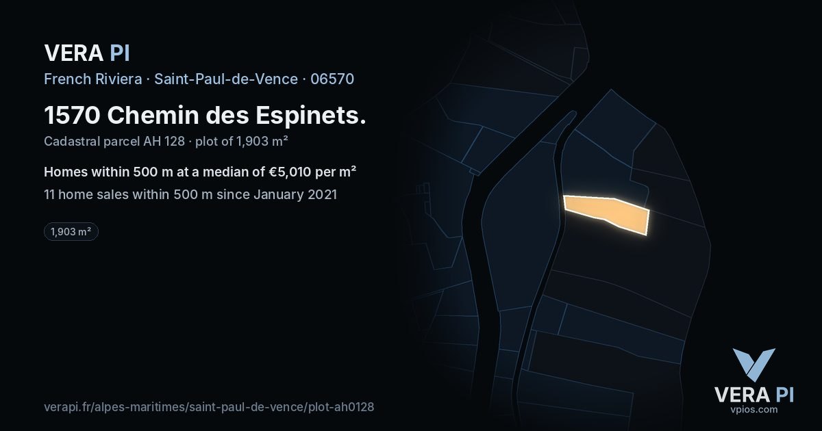 1570 Chemin des Espinets, Saint-Paul-de-Vence at night – the plot lit, the parcels around coloured by the prices near them