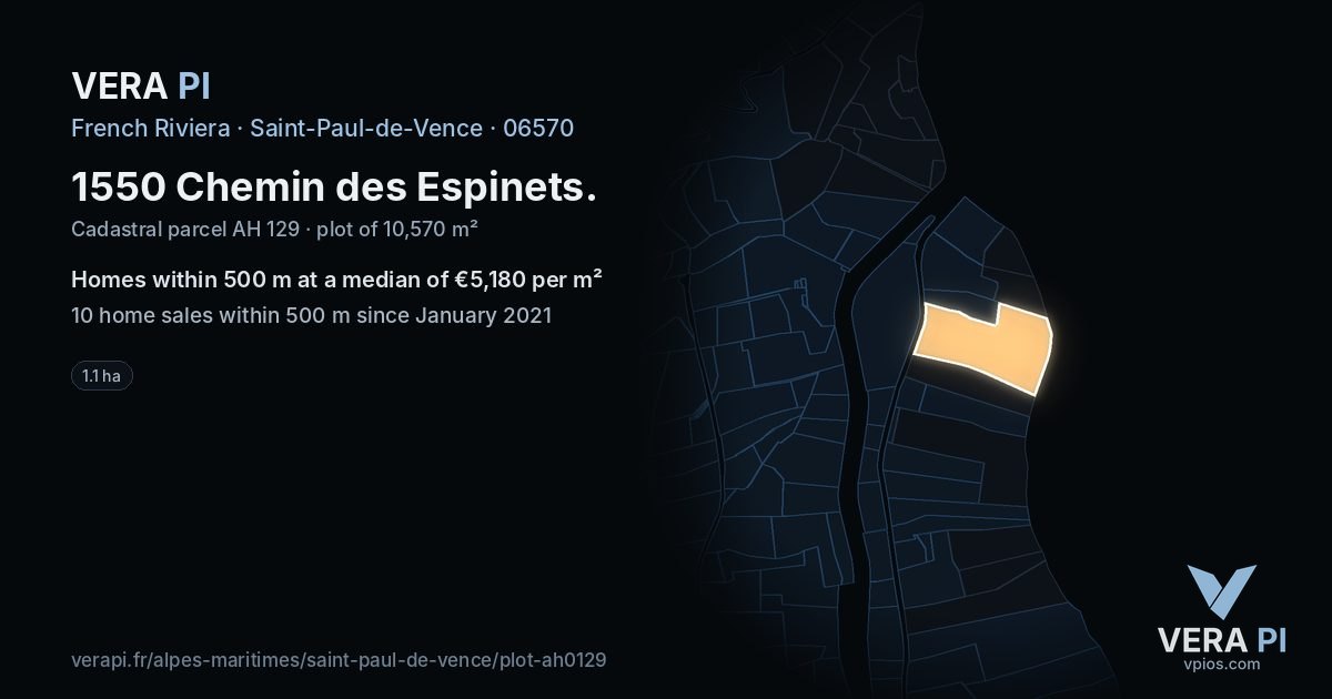 1550 Chemin des Espinets, Saint-Paul-de-Vence at night – the plot lit, the parcels around coloured by the prices near them