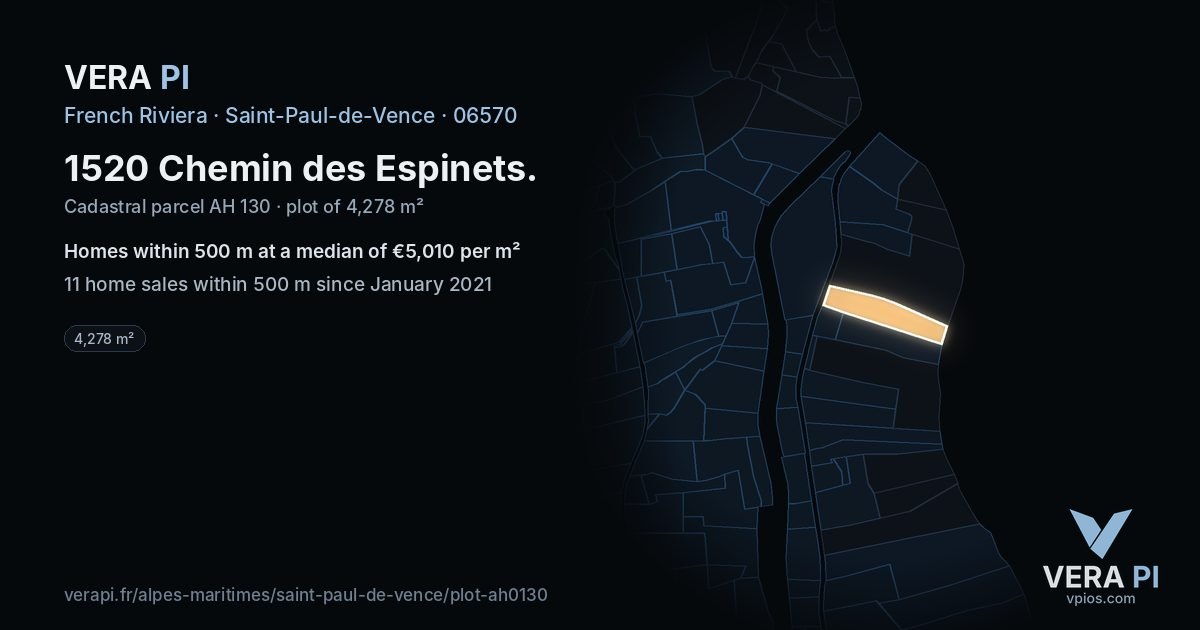 1520 Chemin des Espinets, Saint-Paul-de-Vence at night – the plot lit, the parcels around coloured by the prices near them