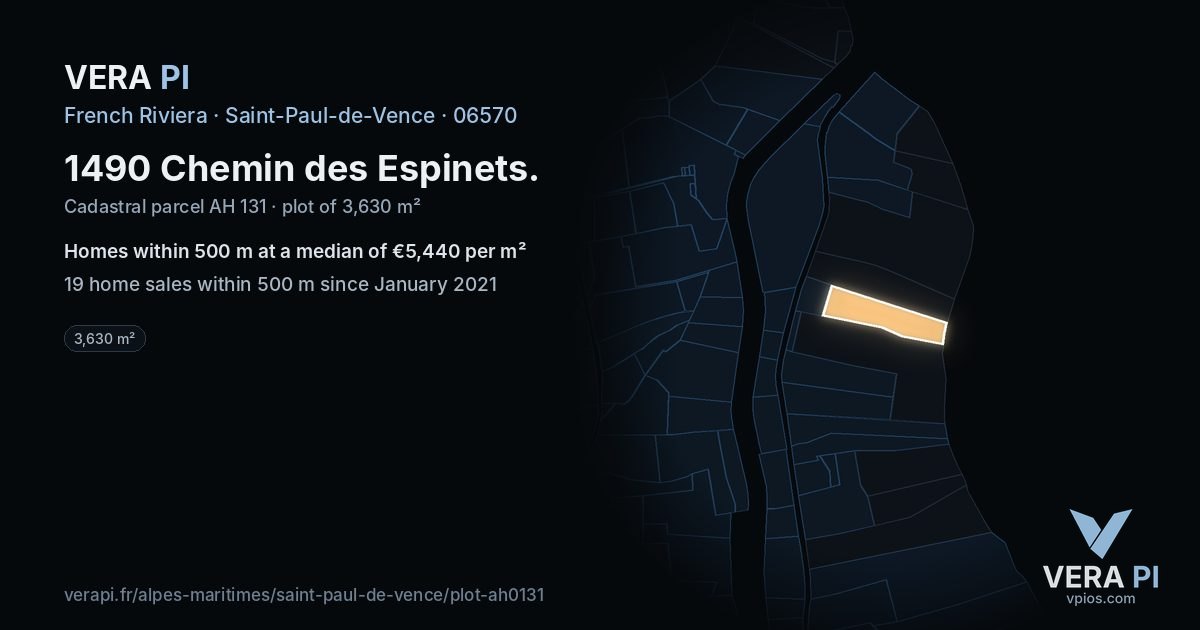 1490 Chemin des Espinets, Saint-Paul-de-Vence at night – the plot lit, the parcels around coloured by the prices near them