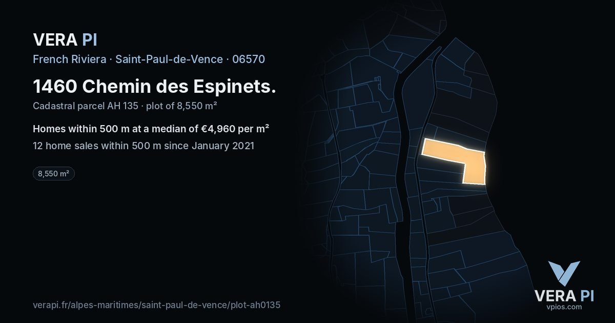 1460 Chemin des Espinets, Saint-Paul-de-Vence at night – the plot lit, the parcels around coloured by the prices near them
