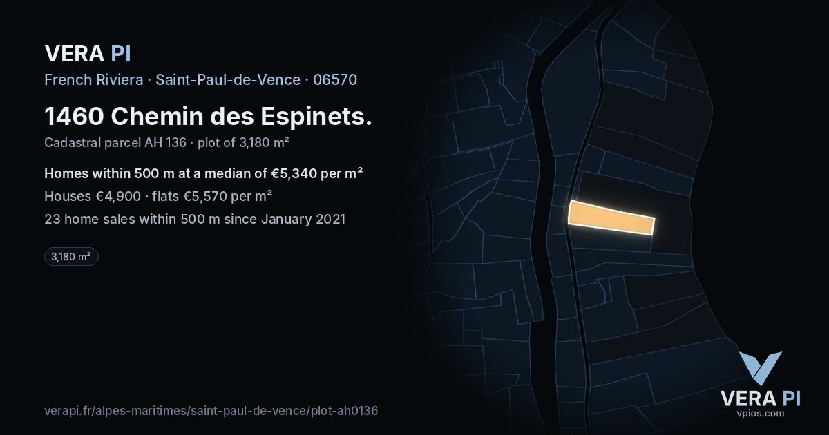 1460 Chemin des Espinets, Saint-Paul-de-Vence at night – the plot lit, the parcels around coloured by the prices near them