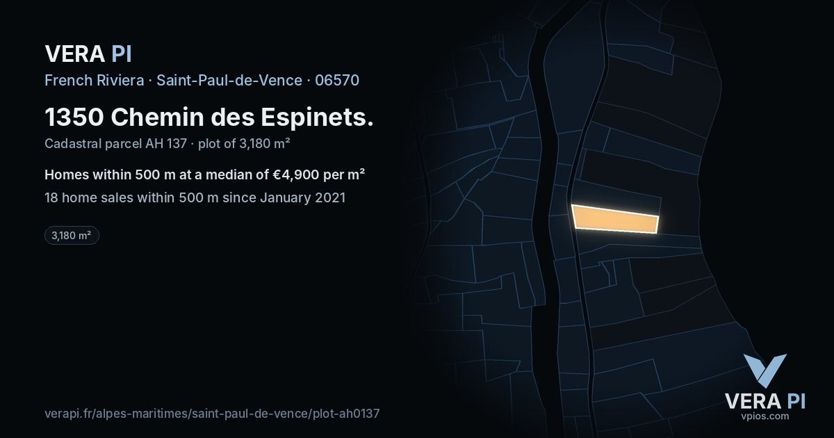 1350 Chemin des Espinets, Saint-Paul-de-Vence at night – the plot lit, the parcels around coloured by the prices near them