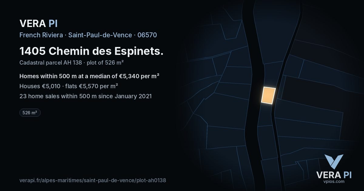 1405 Chemin des Espinets, Saint-Paul-de-Vence at night – the plot lit, the parcels around coloured by the prices near them