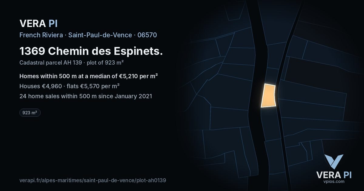 1369 Chemin des Espinets, Saint-Paul-de-Vence at night – the plot lit, the parcels around coloured by the prices near them