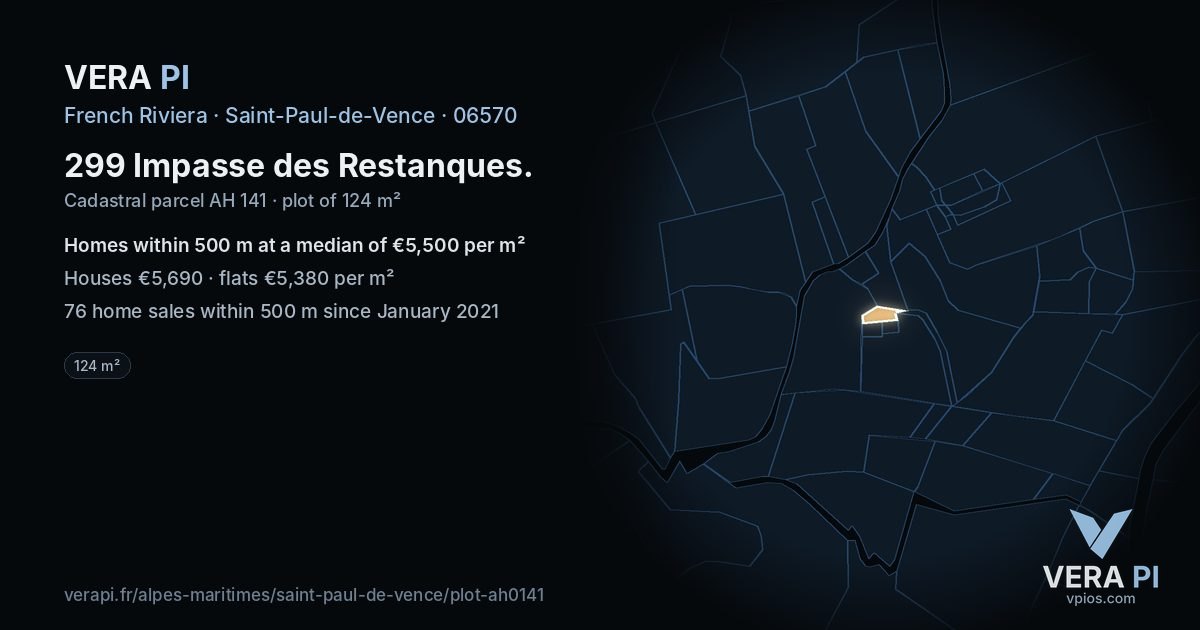 299 Impasse des Restanques, Saint-Paul-de-Vence at night – the plot lit, the parcels around coloured by the prices near them