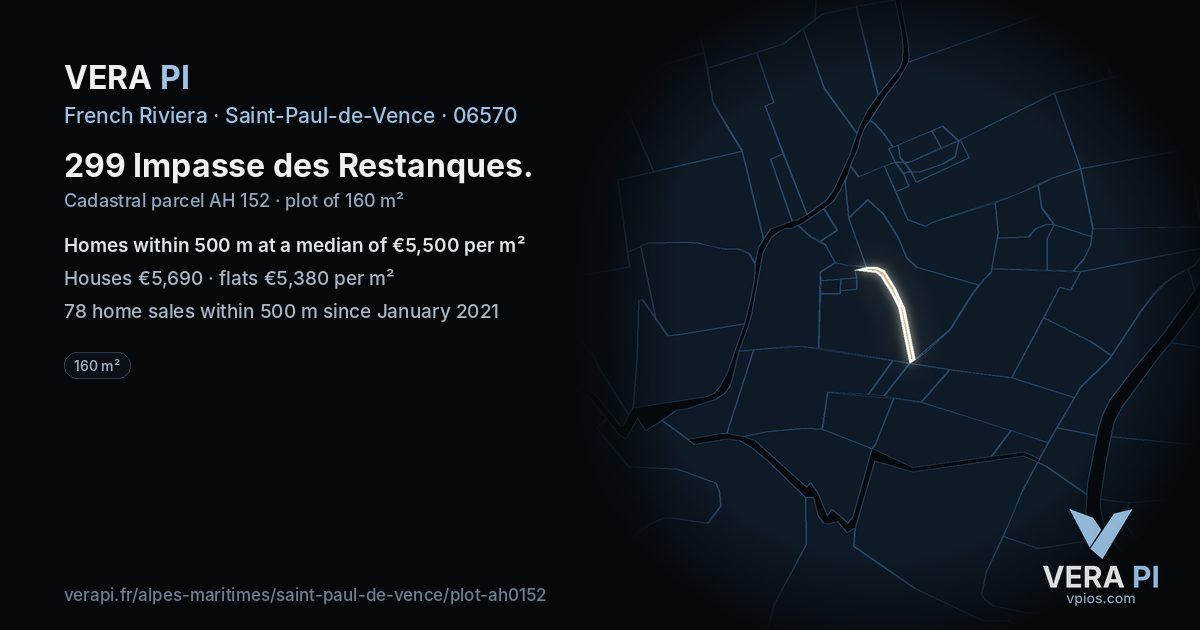 299 Impasse des Restanques, Saint-Paul-de-Vence at night – the plot lit, the parcels around coloured by the prices near them